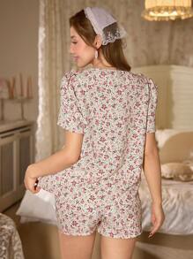 CottageSlumber Romantic Ditsy Floral And Hollow Lace Patchwork Ladies Pajama Set - White - View 2