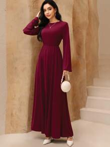 Graceveil Vestido elegante para mujer con cuello redondo, manga larga, cintura con cordón y bajo de cola de sirena - Burdeos - Ver 6