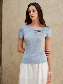 SHEIN Unity Women's Summer Unique Knitted Fabric Design With Twist Detail Hollow Top - Baby Blue - View 7