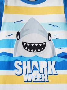 Shark Week X SHEIN Baby Boy Cartoon Shark Print Yellow White Striped Blue Cute Romper For Spring And Summer - Blue - View 4