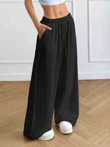 SHEIN EZwear 女式轻盈黑色梭织阔腿休闲裤，夏季 - 黑色 - 查看 4