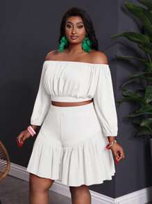 Slaydiva 2pcs/Set Women Plus Size Summer Elegant Vacation Outfit: Off-Shoulder 3/4 Sleeve Crop Top & Ruffled Hem Shorts, Solid Fuchsia - White - View 7