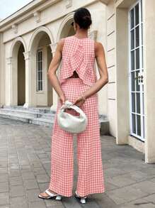 Siren Gaze 2025 年波西米亚风女装夏季套装：格子荷叶边下摆无袖露背上衣和阔腿裤套装 - 度假、节日、海滩度假休闲两件套，采用透气亚麻面料