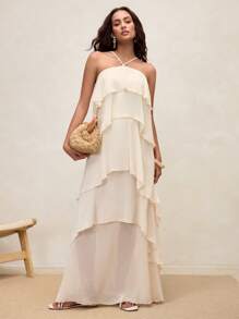 SHEIN Revavyn Damen Apricot Halter Rückenfreies Maxikleid mit Bindedetail und mehrlagigem Rüschensaum, fließender Sommerstil - Aprikosenfarben - Übersicht 7