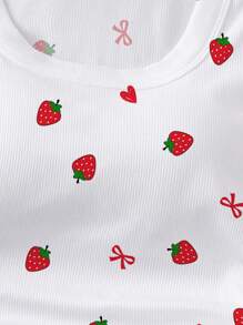 SHEIN EZwear Casual Minimalist Vacation Style Butterfly & Strawberry Print Round Neck Pleated Waist Padded Bra-Free Camisole