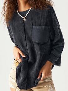 Bohemela Plain Round Neck Loose Fit Plus Size 3/4 Sleeve Sweatshirt,Vintage,Vintage Winter Fall Autumn - Dark Grey - View 2