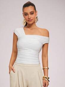 Silquee Tee-shirt mode ajusté avec plis, col asymétrique, couleur unie pour femmes