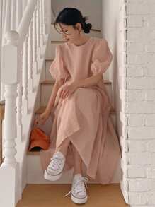 DAZY Women's Solid Color Chiffon Round Neck Lantern Short Sleeve Loose Pink Long Dress, Summer,Casual Women Dresses