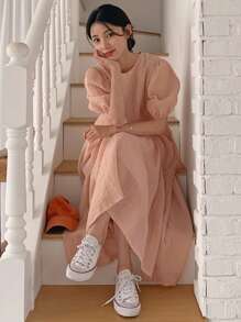 DAZY Women's Solid Color Chiffon Round Neck Lantern Short Sleeve Loose Pink Long Dress, Summer,Casual Women Dresses