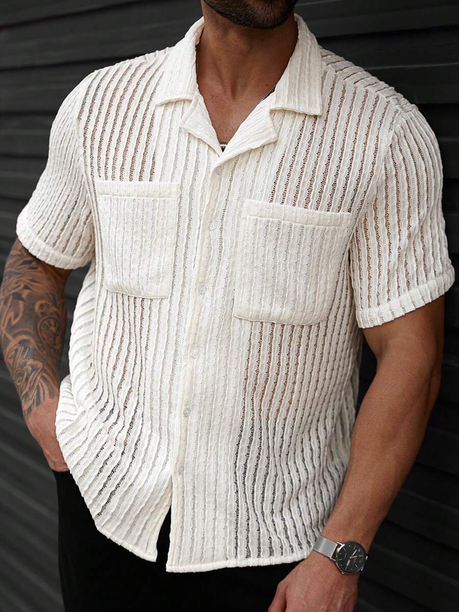 Manfinity Homme 大码男式纯色短袖单排扣双口袋休闲衬衫 - 白色 - 查看 1