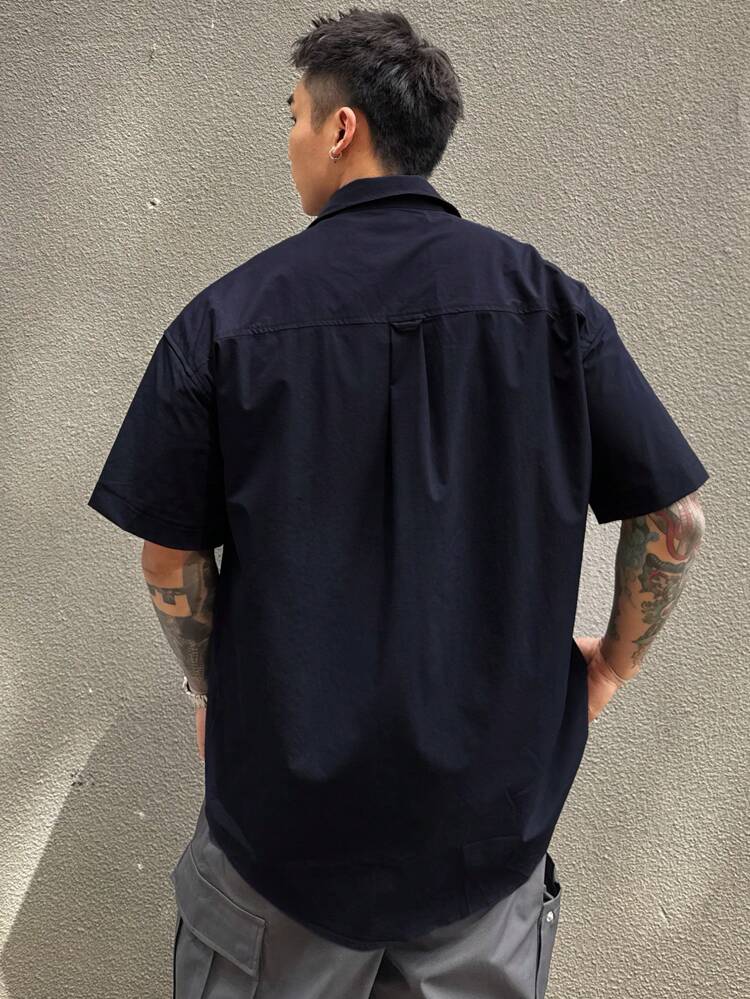 Men's Navy Blue Outdoor Cargo Pocket Casual Shirt, Summer