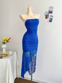 Soleia 淡黄色露肩褶皱低腰不对称下摆连衣裙，度假风格