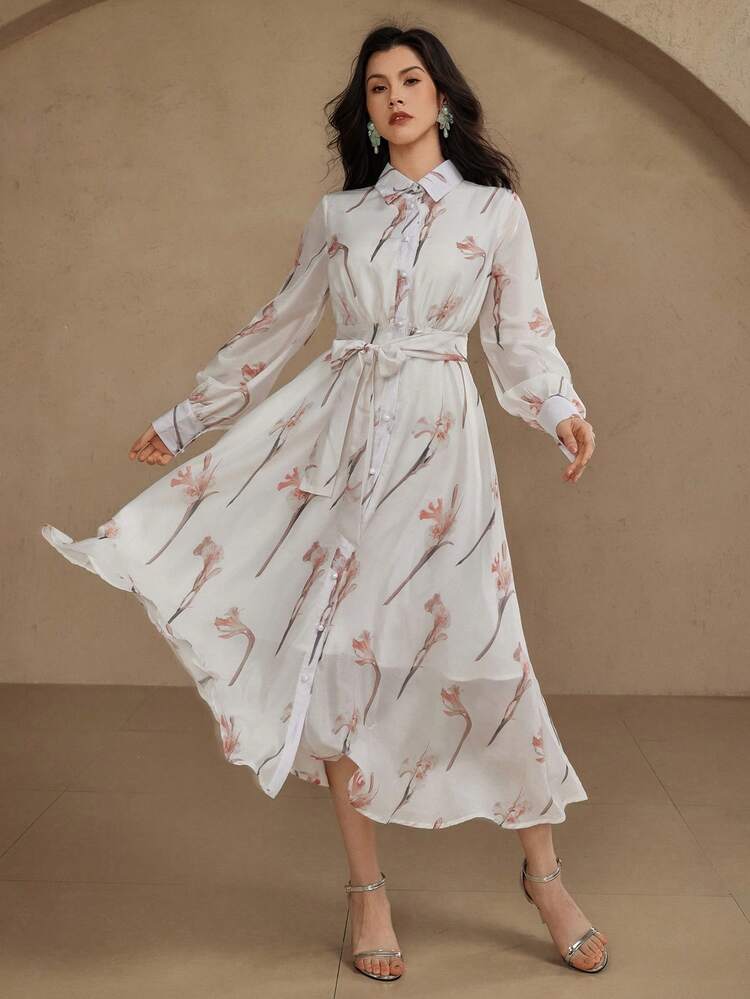 Women's Elegant Floral Print Waisted Midi Dress,Fall Dress Long Sleeve Dress