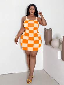 Slaydiva Abito casual a maglia aderente con fantasia a quadri e bretelle, taglie forti