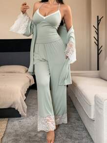DAZY 3pcs/Set Color Blocking Lace Patchwork Women Sleepwear Pajama Set: Robe, Camisole Top And Pants, Fall Winter Clothes - Green - View 6