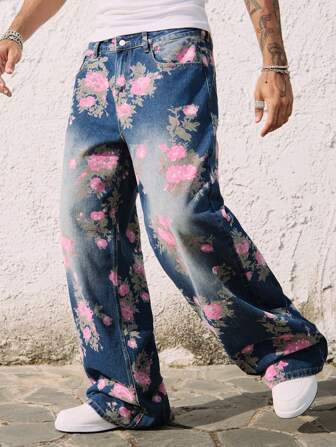 Street Life Men's Floral Print Pocketed Wide Leg Loose Casual Jeans