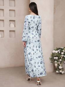 Veilorie 女士花卉印花褶饰优雅长袖连衣裙 - 藍色 - 查看 2