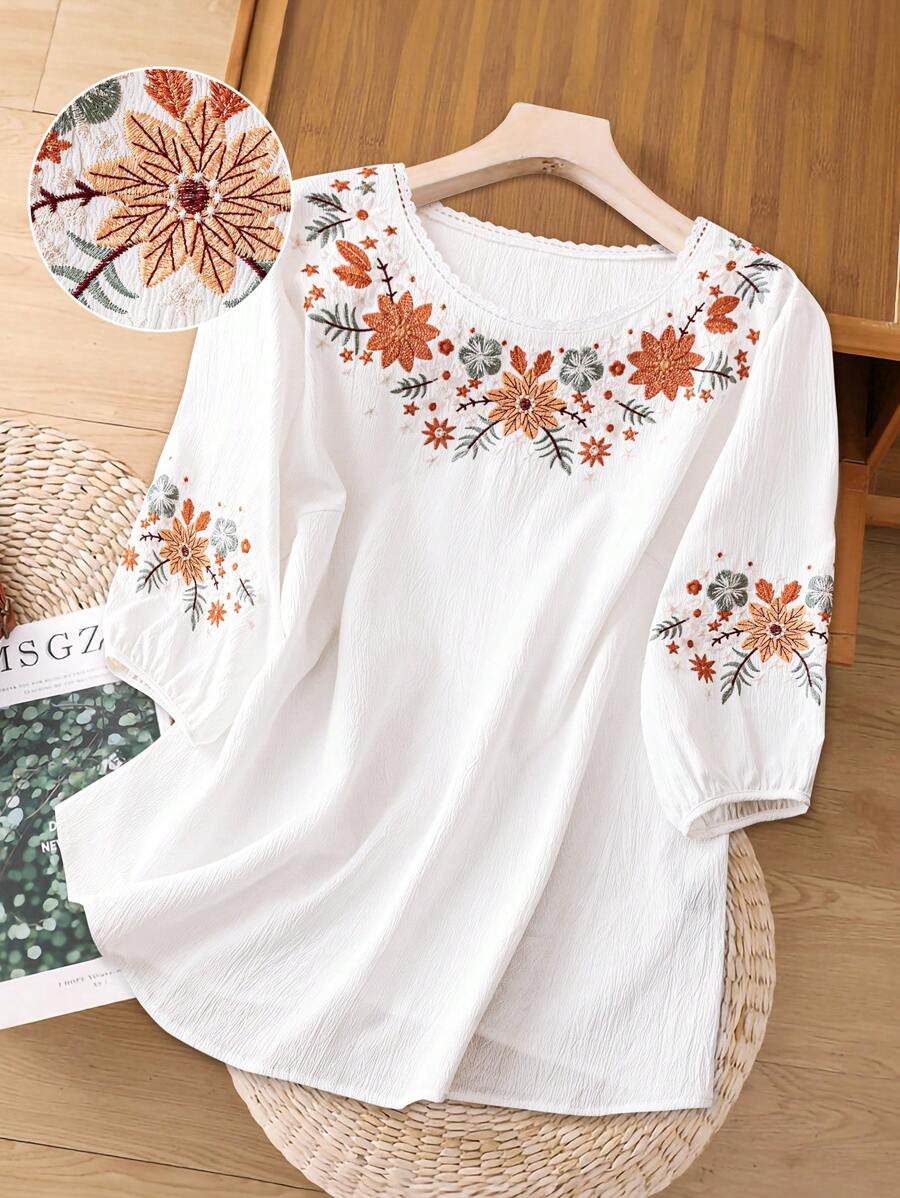 Linhara Plus Size Women Embroidered Versatile Casual Blouse - White - View 1