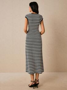 Poéselle Women's Casual Striped Round Neck Cap Sleeve Dress, Summer - Black and White - View 2