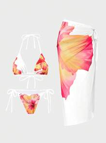 Swim Oasis 3 件套女士沙滩装夏季套装，花卉印花比基尼泳装，扭纹网眼纱笼和沙滩裙，波西米亚风格 - 白色 - 查看 1