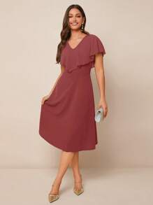 SHEIN Clasi Ladies' Mid-Length Green Dress With Ruffle Hemline - Dusty Pink - View 4