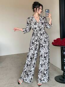 DAZY Mono elegante con bolsillos y cinturón, estampado completo para mujeres