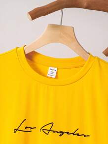 SHEIN Leap Crew 青少年男童休闲英伦图案印花短袖棉质T恤，夏季 - 黃色 - 查看 5