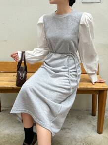 DAZY Women's Patchwork Round Neck Long Sleeve Straight Puff Sleeve Mid-Calf Dress,Fall Clothes - Grey - View 5