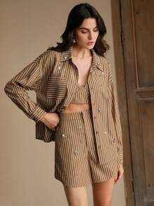 Anewsta Elegant Loose-Fit Brown Color Block Striped Blouse With Rivet Decor, Commuting Style For Women - Brown - View 2