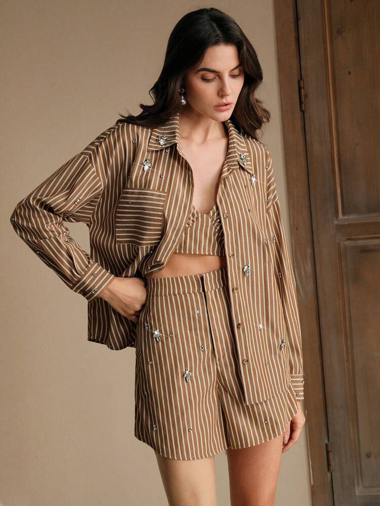 Elegant Loose-Fit Brown Color Block Striped Blouse With Rivet Decor, Commuting Style For Women