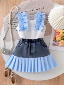 Elladie kids 2pcs/Set Young Girl Blue Cute Lace Knitting Camisole Top With Denim Patchwork Pleated Skirt, Summer Holiday Casual Outfit - Baby Blue - View 5