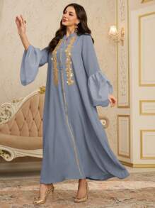 Al Najma Women Patchwork Ribbon Lantern Sleeve Simple Elegant Luxury Fashion Dress, Modest Kaftan