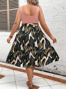 SHEIN VCAY Plus Size Botanical Print Square Neck Pocket Belted Sleeveless Dress,Summer Outfits For Women,Sun Dresses For Women - Baby Pink - View 2