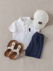 PrepCrw Baby Boys Collegiate Style Embroidered Polo Collar T-Shirt And Shorts Set School Tops Cute Tops For School Back To School Outfit Back To School Clothes Boys Back To School Clothes Teen First Day Of School Outfits Back To School Boys - Blue and White - View 1