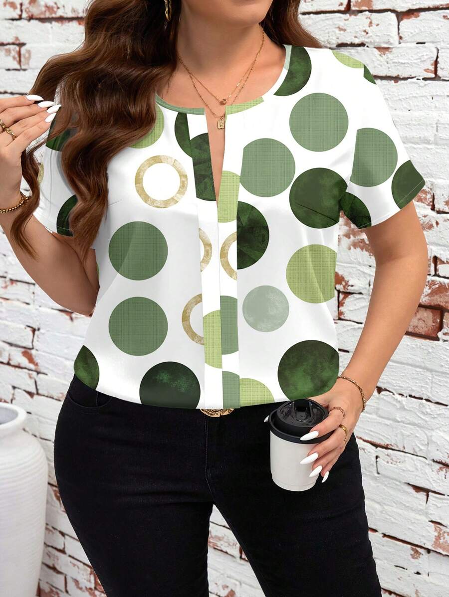 SHEIN Clasi 大码女式夏季度假休闲绿色圆点图案衬衫 - 彩色 - 查看 1