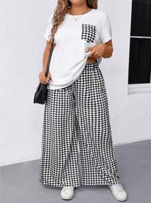 EMERY ROSE 优雅通勤休闲度假时尚白色花卉图案上衣搭配松紧腰裤黑白格子阔腿两件套服装大码，春夏秋季