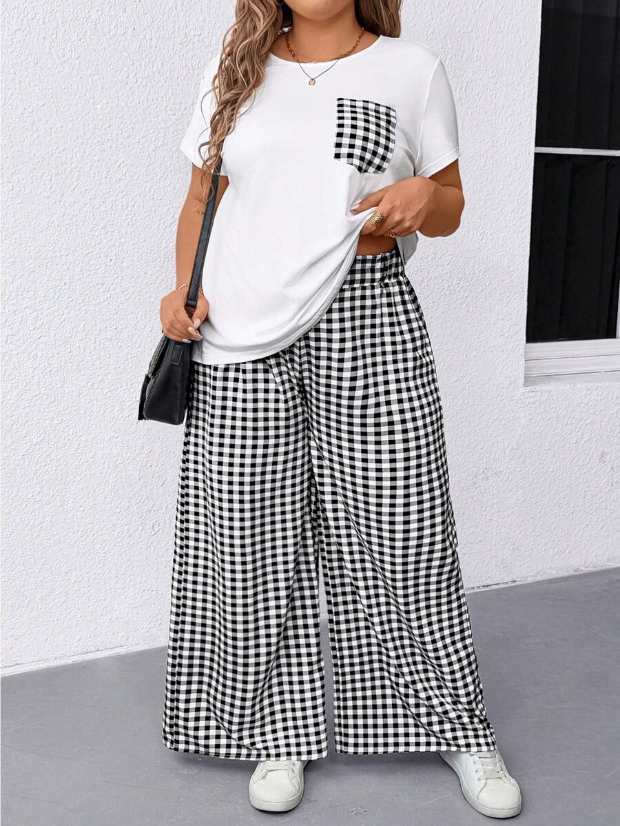 EMERY ROSE 优雅通勤休闲度假时尚白色花卉图案上衣搭配松紧腰裤黑白格子阔腿两件套服装大码，春夏秋季