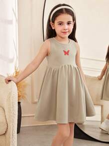 SHEIN Vestido informal para niña con escote redondo, sin mangas, con estampado de mariposa, y diseño asimétrico partido