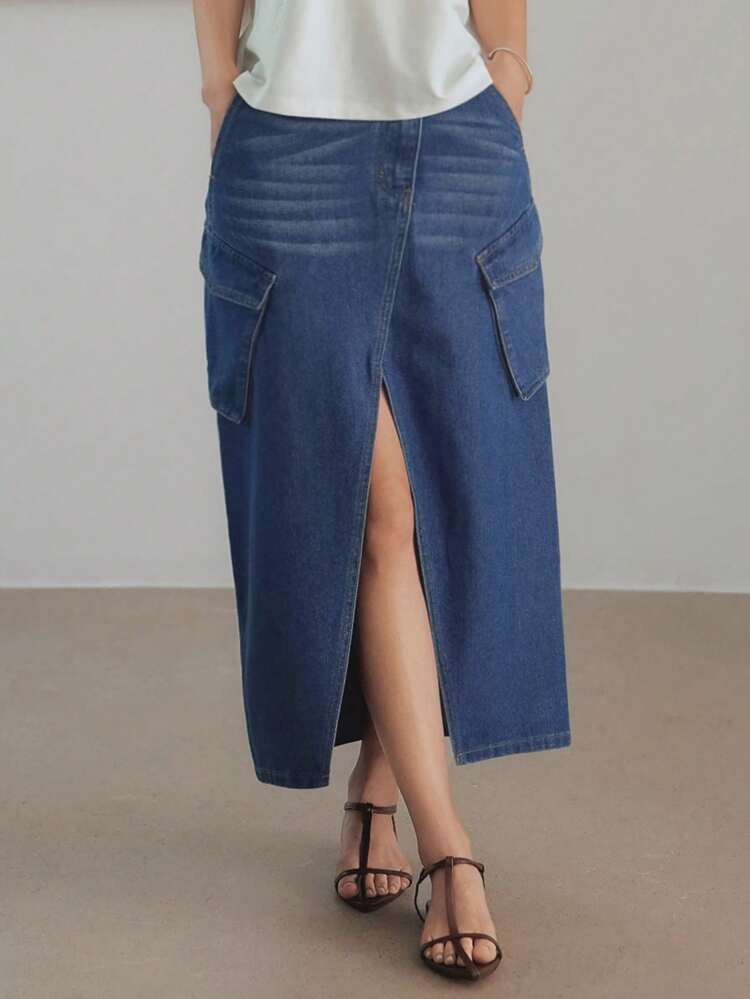 Women's Summer Casual High Slit Distressed Washed Denim Skirt With Large Pockets