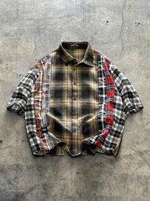 AXEPEAK Men's Plaid Patchwork Loose Short Sleeve Shirt, Suitable For Summer, School, Streetwear Ready - Multicolor - View 1