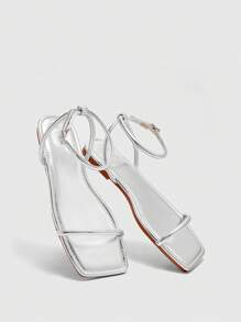 CUCCOO BIZCHIC Women Square Toe Strap Minimalist Casual Sandals, Comfortable Flat Outdoor Summer Beach Slippers, Spring & Summer Wear - Silver - View 4