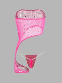 2pcs Sexy Glamour Asymmetrical Design Crystal Decor Sheer Bodysuits + G-String Women Lingerie Set, Rave For Going Out - Hot Pink - View 2