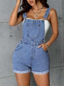 SHEIN PETITE 女式休闲牛仔连体裤，带口袋和侧纽扣设计