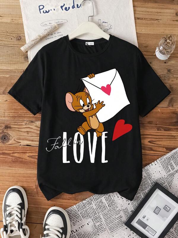 TOM & JERRY X SHEIN Women Casual Loose Crew Neck Short Sleeve T-Shirt, Suitable For Summer