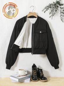 SHEIN Cô gái tuổi teen Túi có nắp Thả vai Dây kéo Áo khoác - màu đen - Xem 1