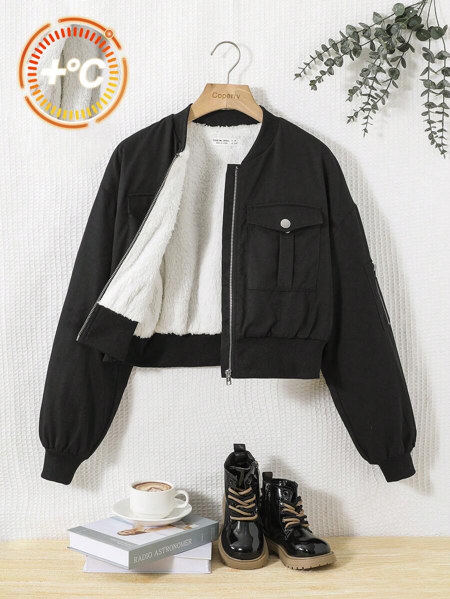 SHEIN Cô gái tuổi teen Túi có nắp Thả vai Dây kéo Áo khoác - màu đen - Xem 1