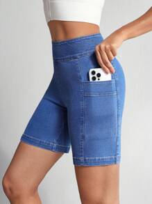 SHEIN Unity Damen Sommer Washed Elastisch Skinny Denim-Shorts - Blau - Übersicht 8