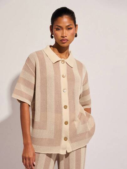 COSMINA Women Striped Print Button Front Casual Short Sleeve Sweater,Knitted Sweater