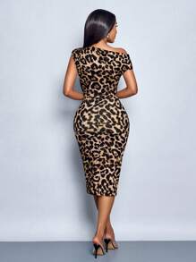 SOLERSUN 豹纹弹力优雅数码印花紧身性感开衩肩长裙，适合外出、聚会、通勤 - 彩色 - 查看 2