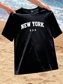 Veykashi T-shirt à manches courtes, col rond, ajusté, avec imprimé graphique de New York, convenant aux femmes de grande taille. Idéal pour l'été. - Noir - Voir 5